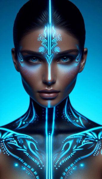 Бioluminescent модель в этническом стиле на фоне небесной лазури. Нейронная сеть Dalle-3