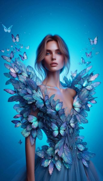 Невероятная красота бабочкиных крыльев в роскошном вечернем платье. Изображение из нейросети Dalle