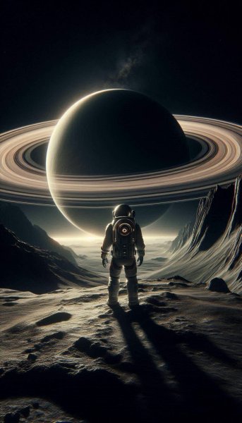 Одинокий астронавт и гигантский газовый мир в небесах далекой планеты. Изображение из нейронной сети Dalle