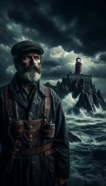 Морской страж в бушующем шторме: фотореалистичная картина света и тени. Нейронная сеть Dalle