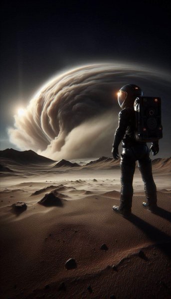 Марсианская пустыня и бушующая пылевая буря: взгляд космонавта в бездну. Картинка из нейросети Dalle