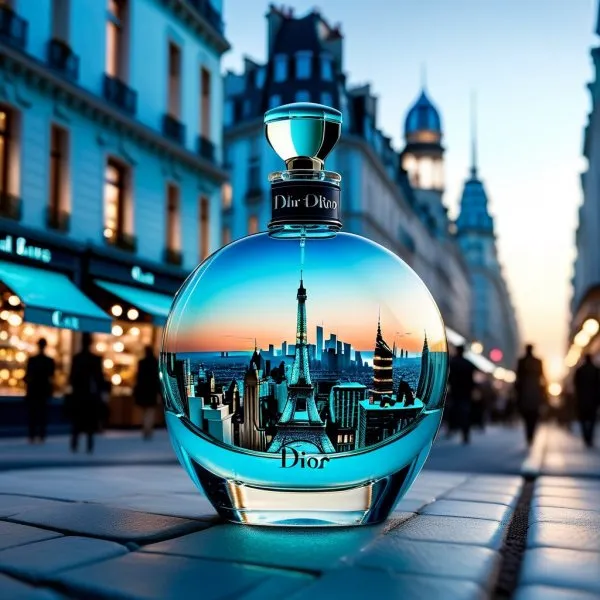 Город мечты и высокой моды: сюрреалистичный пейзаж с бутылкой Dior. Изображение из нейросети Stable Diffusion