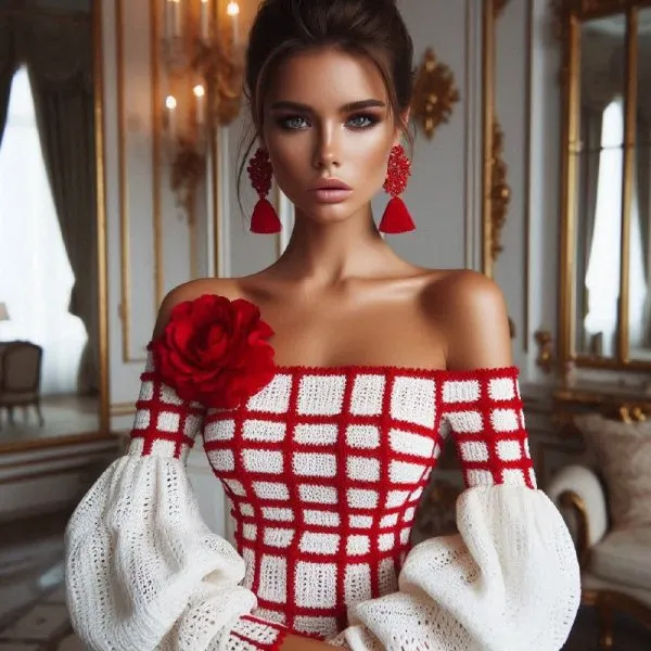 Элегантный образ: вязаное платье в полоску и цветочный акцент. Картинка из нейросети Dalle