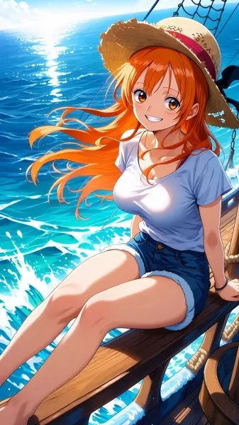 Нами из One Piece: приключения на Тысяче Солнечном и взгляд в горизонт. Изображение из нейронной сети Qwen