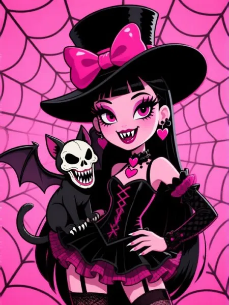 Дракулаура и её летучая мышь: готический портрет в стиле Monster High. Картинка из нейронной сети Qwen Image