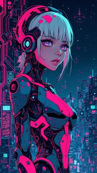 Неоновая кибердевочка в футуристическом городе. Нейронная сеть Flux