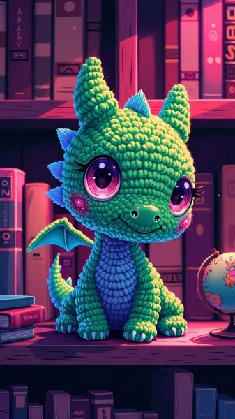 Маленький вязаный дракончик на полке с книгами. Картинка из нейросети Flux Ai