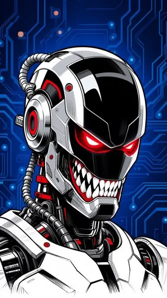 Робототехника и опасность: рисунок кистью с футуристическим дизайном и угрожающим взглядом. Изображение из нейросети Qwen images Ai