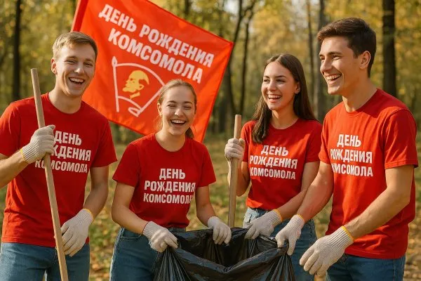 Молодежный энтузиазм на субботнике к Дню рождения комсомола. Изображение из нейросети Sora