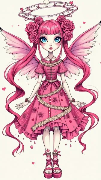 Милая ангел в стиле Monster High с розовыми волосами и голубыми глазами. Картинка из нейронной сети Flux.1