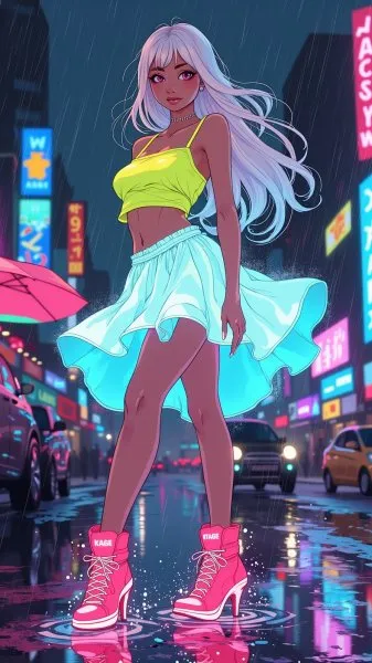 Яркая нимфочка под дождем: неоновый поп-арт и игривая эстетика. Генерация из нейросети Flux