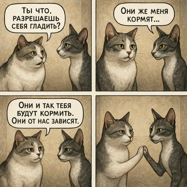 Кошачий диалог о внимании и зависимости. Изображение из нейросети Sora images Ai