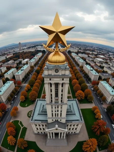 Золотая звезда над городом: величественная симметрия в осенних тонах. Изображение из нейронной сети Flux 1