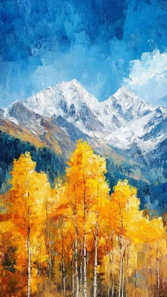 Осенняя симфония Аспенов и Заснеженных Вершин. Картинка из нейросети Midjourney