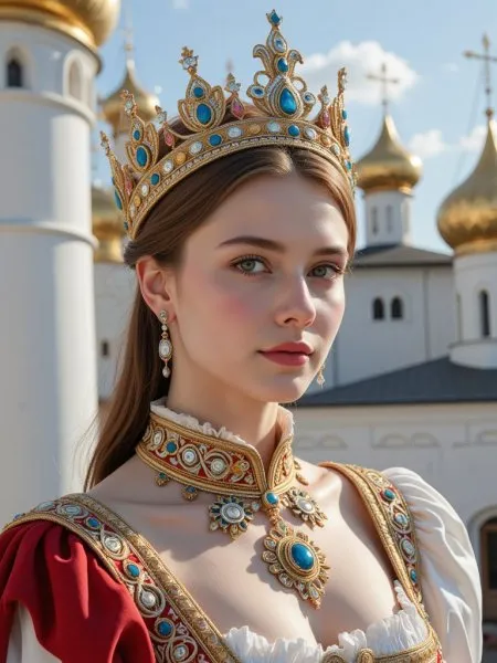 Красавица в традиционном наряде: воплощение монаршей власти и культурного наследия Восточной Европы. Картинка из нейронной сети Flux.1