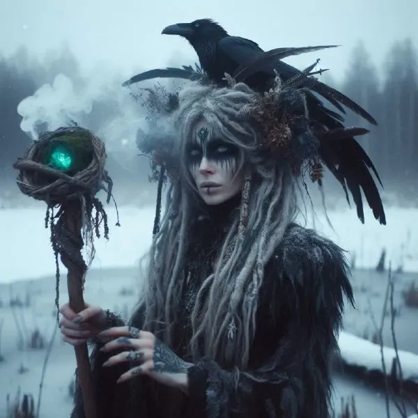 Шаманка на заснеженном болоте: таинство древнего мира и шепот ушедших эпох. Картинка из нейросети Dalle-3