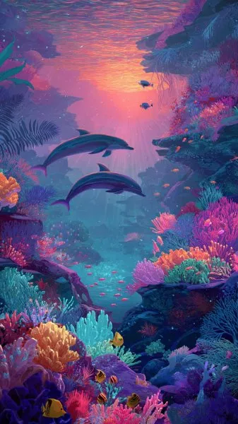 Завораживающий подводный мир: коралловые рифы и игривый дельфин в цифровом искусстве. Картинка из нейронной сети Midjourney