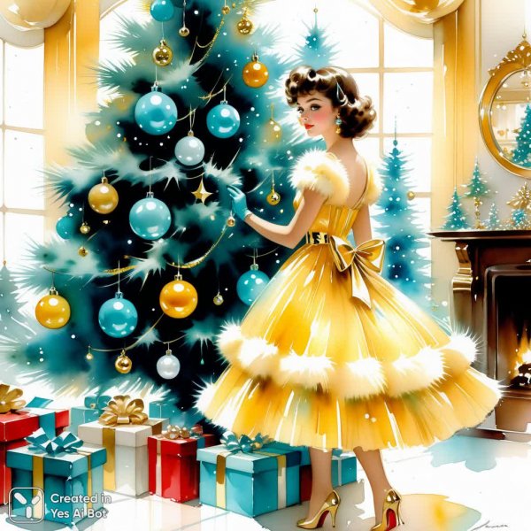 Ретро-новогоднее очарование: девчушка в винтажном стиле 1950-х годов. Картинка из нейронной сети Stable Diffusion
