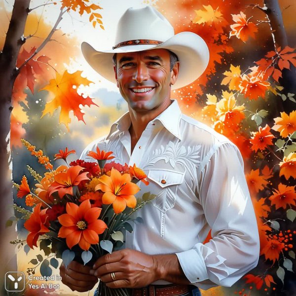 Осенний ковбой с ярким букетом цветов и осенней листвой. Нейросеть Stable Diffusion