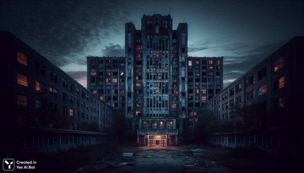 Заброшенная больница: мертвый город в сумерках и бушующей стихии. Картинка из нейросети Dalle-3