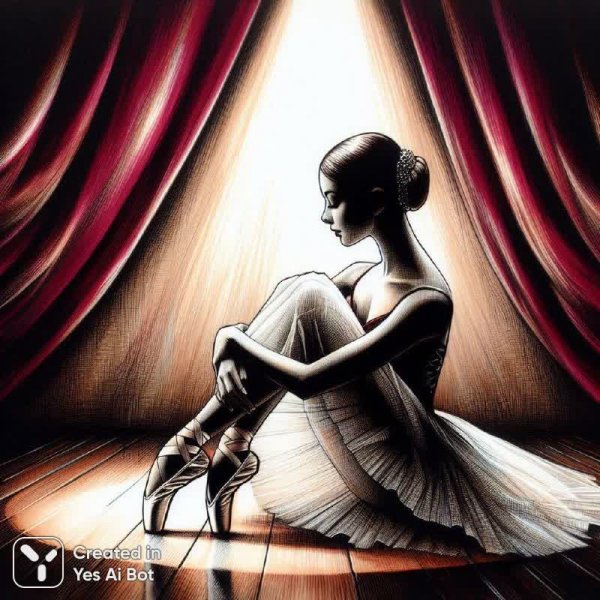 Балерина и тень света на сцене театральном. Картинка из нейронной сети Dalle