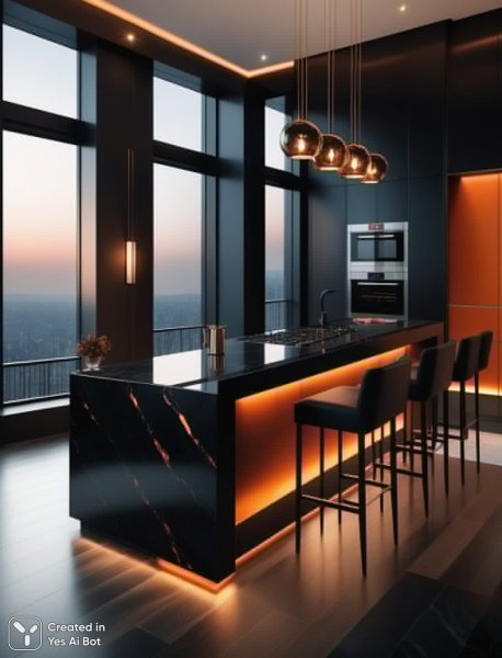 Роскошная кухня в стиле хай-тек с видом на город. Нейронная сеть Stable Diffusion