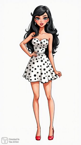 Кукла в горошек: игривый набросок чернилами с красными туфлями и длинными волосами. Генерация из нейронной сети Flux.1