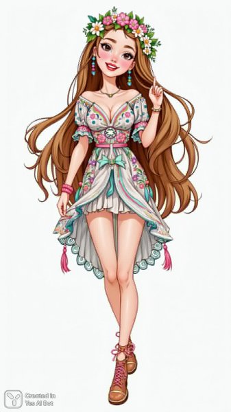 Кукла с каштановыми локонами в богемном платье и цветочной короной. Нейронная сеть Flux 1