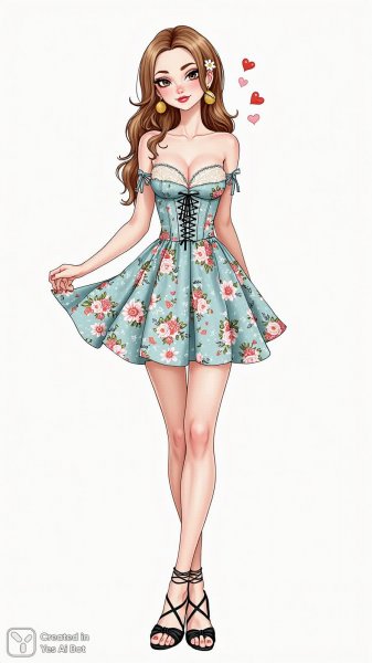 Весеннее настроение: акварельный портрет романтичной девушки в цветочном платье. Изображение из нейронной сети Flux.1