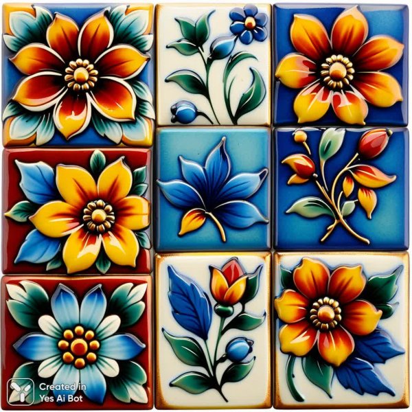 Яркие керамические цветы в винтажном стиле. Изображение из нейросети Stable Diffusion