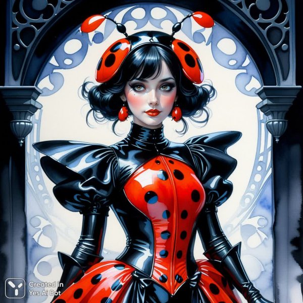 Женщина-божья коровка в готичном стиле: случайный кадр в акварельной живописи. Генерация из нейронной сети Stable Diffusion