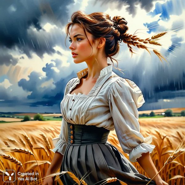 Женщина в поле пшеницы под надвигающейся бурей. Картинка из нейросети Стейбл Дифьюжн