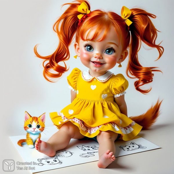 Забавная девочка с котиком: рисунок в пастельных тонах и детские шалости. Изображение из нейронной сети Stable Diffusion