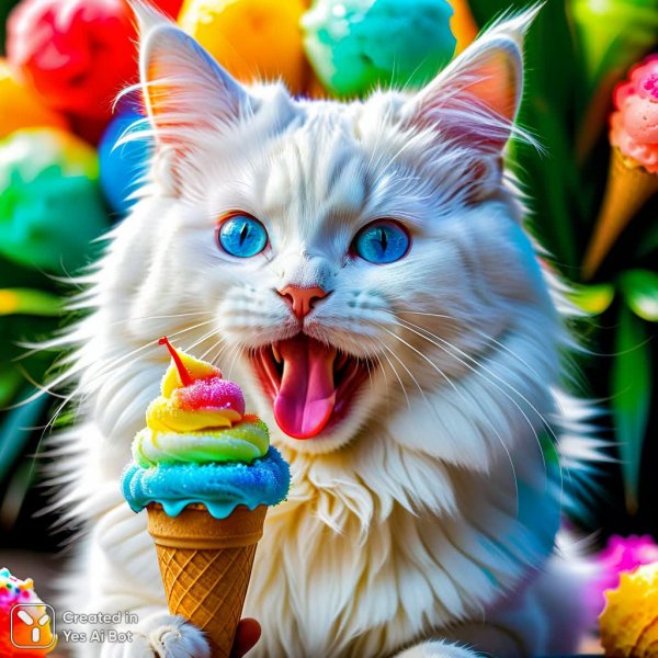 Котик и радужный десерт: милый момент с глазами разного цвета. Генерация из нейронной сети Stable Diffusion