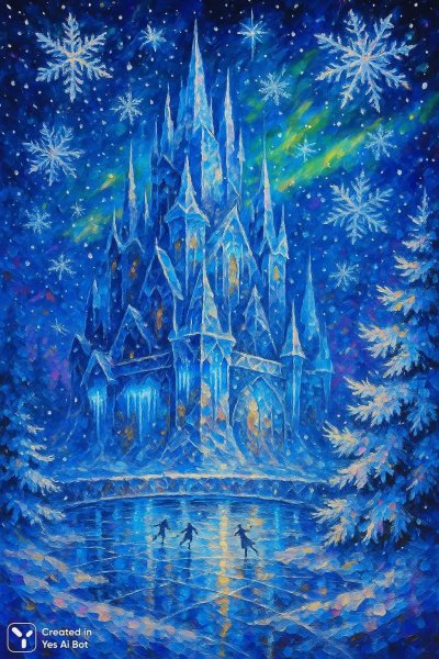 Замерзший замок из льда: зимняя сказка в стиле Афремова. Генерация из нейронной сети Sora Ai Images