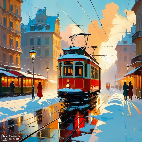 Заснеженный старинный трамвай в объятиях зимней сказки. Картинка из нейронной сети Stable Diffusion