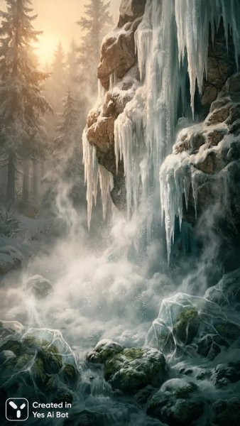 Замерзший водопад в лучах заката: морозное великолепие природы. Нейросеть Нано Банана