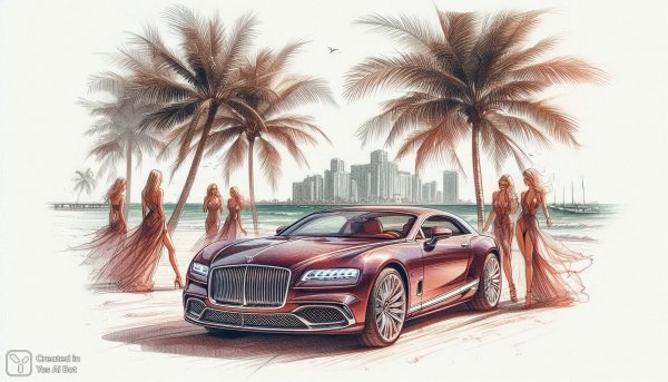 Роскошный Lincoln на фоне майамского пляжа и красавиц. Изображение из нейросети Dalle