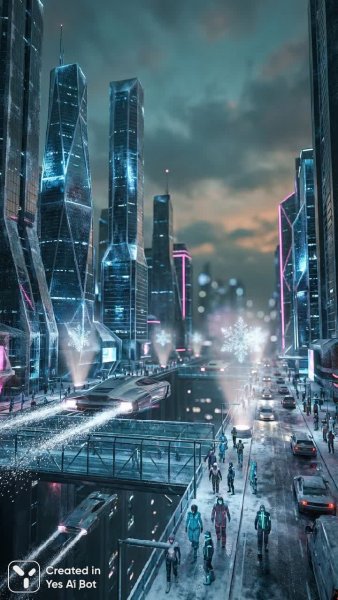 Заснеженный город будущего: неоновые огни и хрустальные небоскребы. Картинка из нейросети Нано Банана