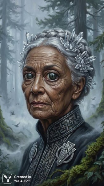 Встреча с мудростью: серебряная дама в хрустальном лесу рассвета. Нейросеть NanoBanana