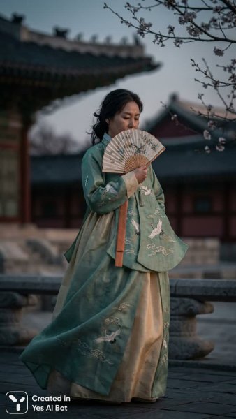 Традиционная кореянка в ханбок: умиротворение и красота старинного дворца. Генерация из нейросети Nano Banana