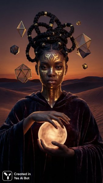 Загадочная красота пустыни: Афрофутуристический портрет с символами света. Картинка из нейросети Nano-Banana