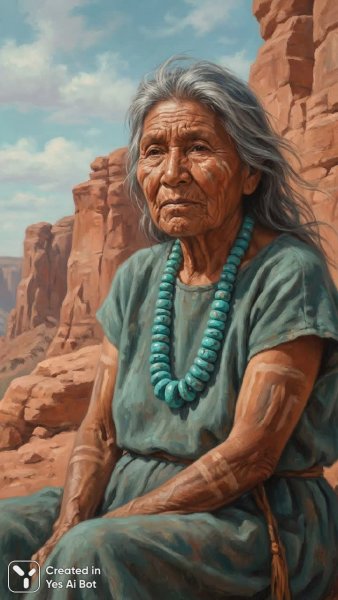 Мудрая женщина среди красных скал и голубого неба. Картинка из нейронной сети Nano-Banana