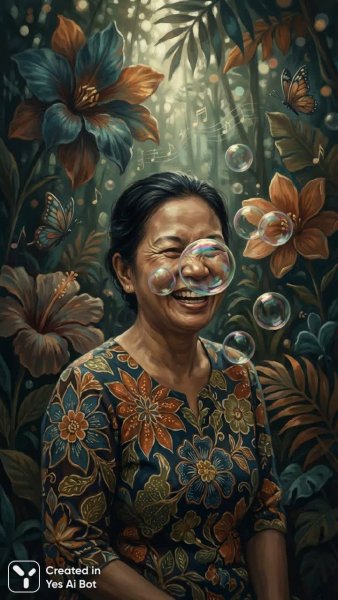 Радость в тропическом саду: яркий портрет и мыльные пузыри. Изображение из нейронной сети Нано Банана