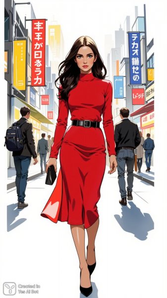 Элегантность в красном: городской стиль и акварель. Картинка из нейронной сети Flux Ai