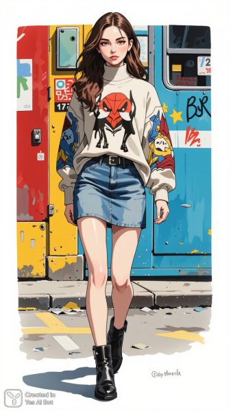 Модный городской образ с акцентом на детали и яркий фон. Изображение из нейронной сети Flux.1