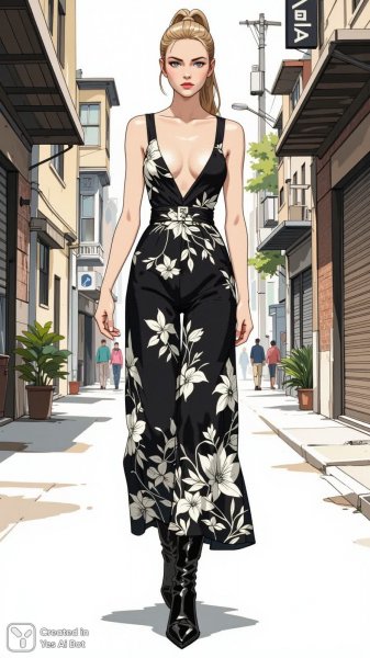 Элегантный образ: стильная женщина в комбинезоне с цветочным принтом и городским фоном. Генерация из нейронной сети Flux.1