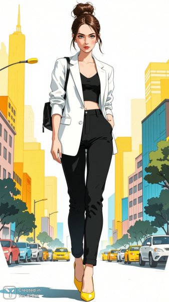 Модный силуэт в городском пейзаже: стильный образ с блейзером и брюками. Нейросеть Flux 1