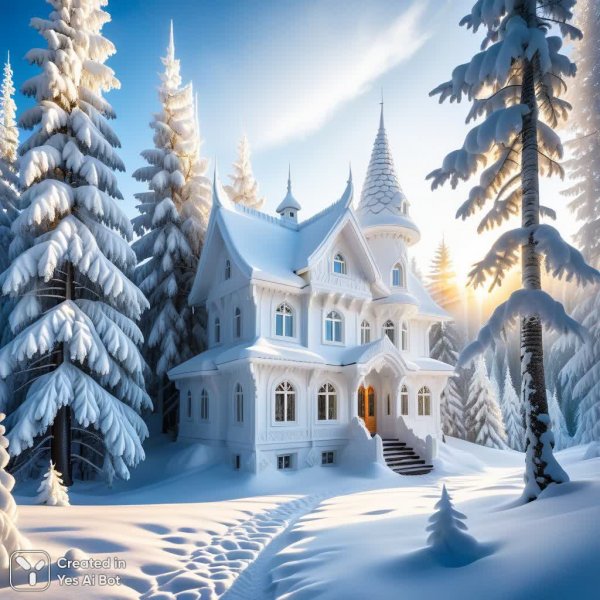 Заснеженный лес и волшебный дом в белоснежной сказке рассвета. Генерация из нейросети Stable Diffusion