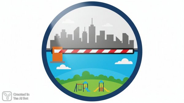 Круглый логотип: шлагбаум, город, природа и детство. Генерация из нейронной сети Нано Банана